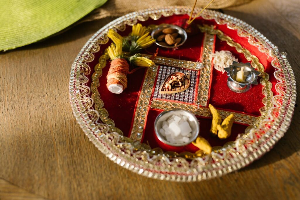 A colorful and ornate Indian puja thali set for Diwali rituals, depicting cultural tradition.